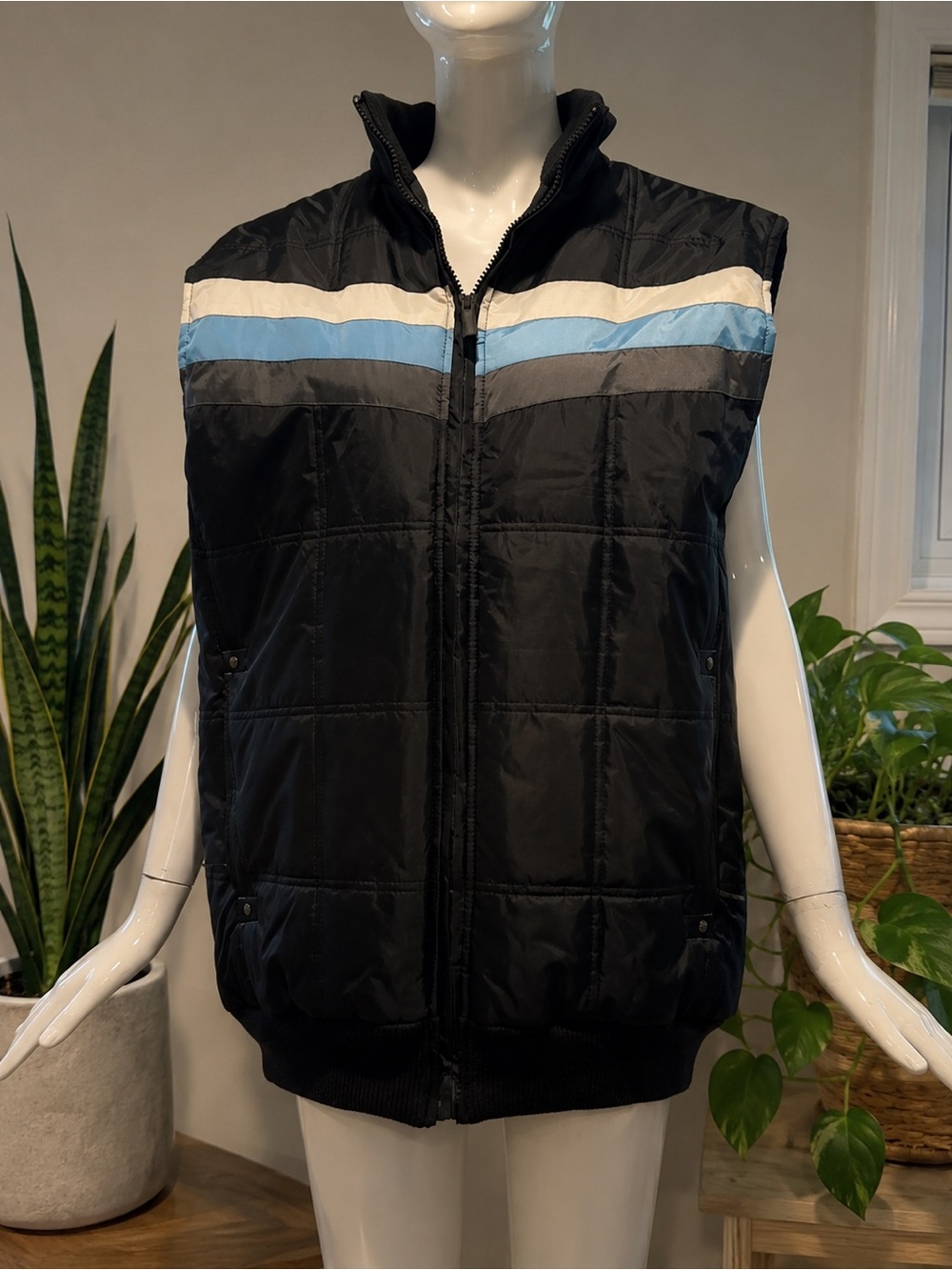 Fiorucci Outdoor Adventure Puffer Vest Size L Black Blue Stripe Y2K Gorpcore
